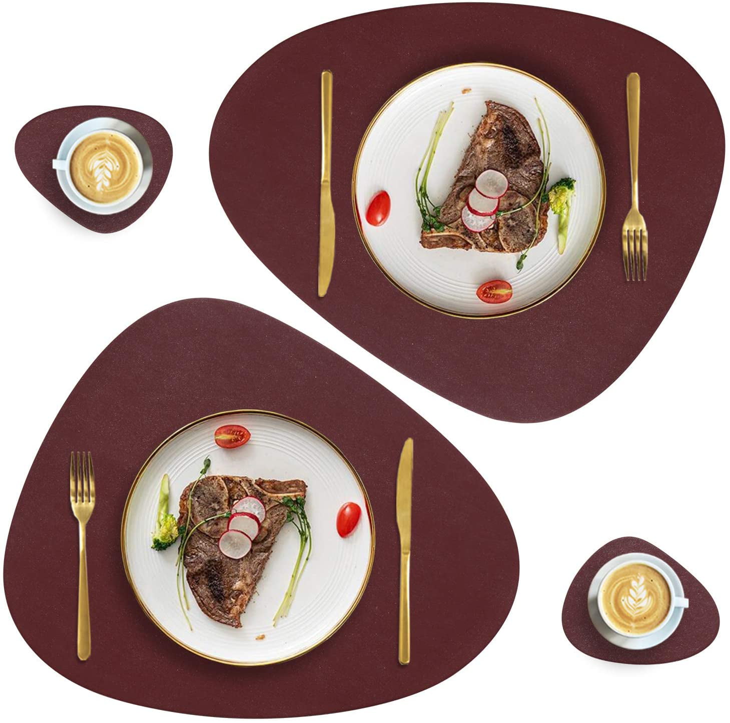 VIVENS Placemats Brown PU Leather Table Mats and Coasters Set of 2,Heat Insulation Stain Resistant Non-Slip Placemat Waterproof Washable Colourful Table Mats