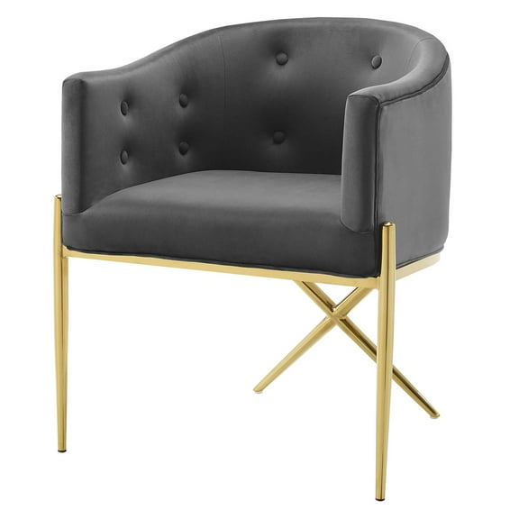 Tufted Side Dining Chair, Velvet, Metal Steel, Dark Grey Gray, Modern Contemporary Urban Design, Kitchen Room Cafe Bistro Restaurant Hospitality
