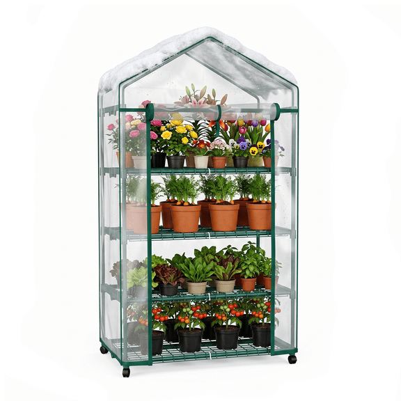 LIFERECORD 4 Tier Mini Greenhouse - Portable Greenhouse with Locking Wheels and PVC Cover for Indoor or Outdoor, 27" x 19" x 63" Green House for Home, Clear