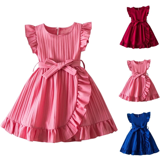 Offre Limitée Iumwxz Robe Princesse Rétro Mignonne à Volants Côtelés avec Ceinture Robes Col Rond Manches 1/4 pour Filles Robes Douces et Confortables pour Aller à l'École 3-8 Ans