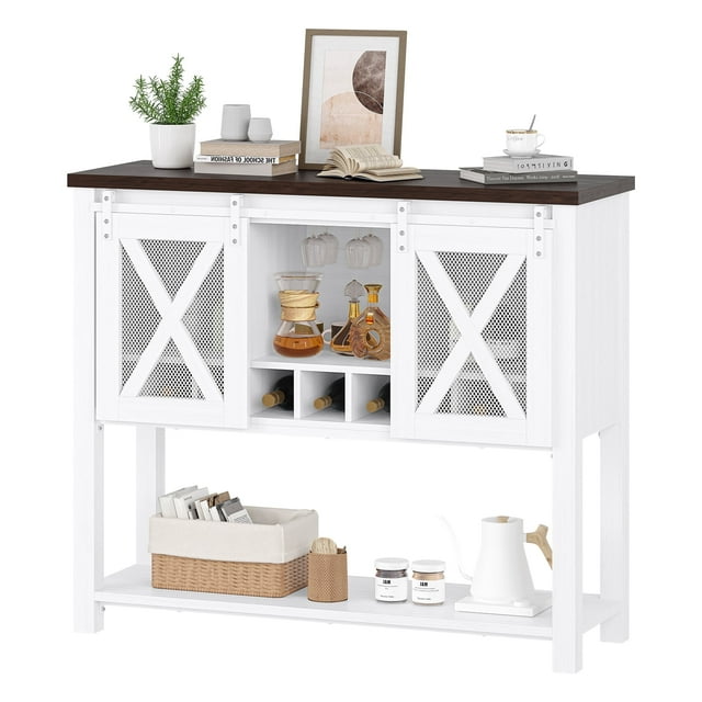 YUSAZENS Coffee Bar Cabinet with Sliding Barn Doors, Open Shelf, White & Brown