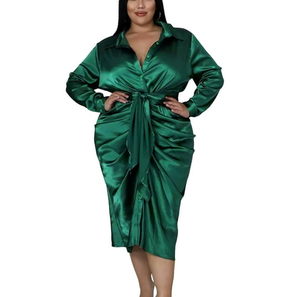 Avamo Women Midi Dresses Long Sleeve Shirt Dress Lapel Casual Travel Green  3XL 