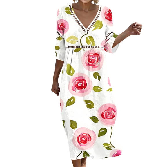 YuXingFu Church Clothes Mid-Length V-Neck Plus Size Womens Dress 3/4 Sleeve Button Casual Summer Multicolor S