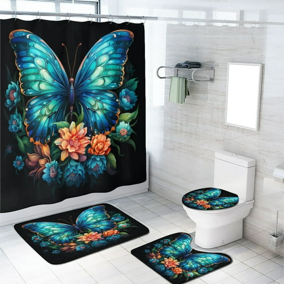 Blue Butterfly Shower Curtain Set Colorful Floral Flowers Bathroom Sets Decor Accessories Bathroom Shower Curtains Set with Non-Slip Rug Toilet Lid Cover Bath Mat and 12 Hooks, 72x72 Inch