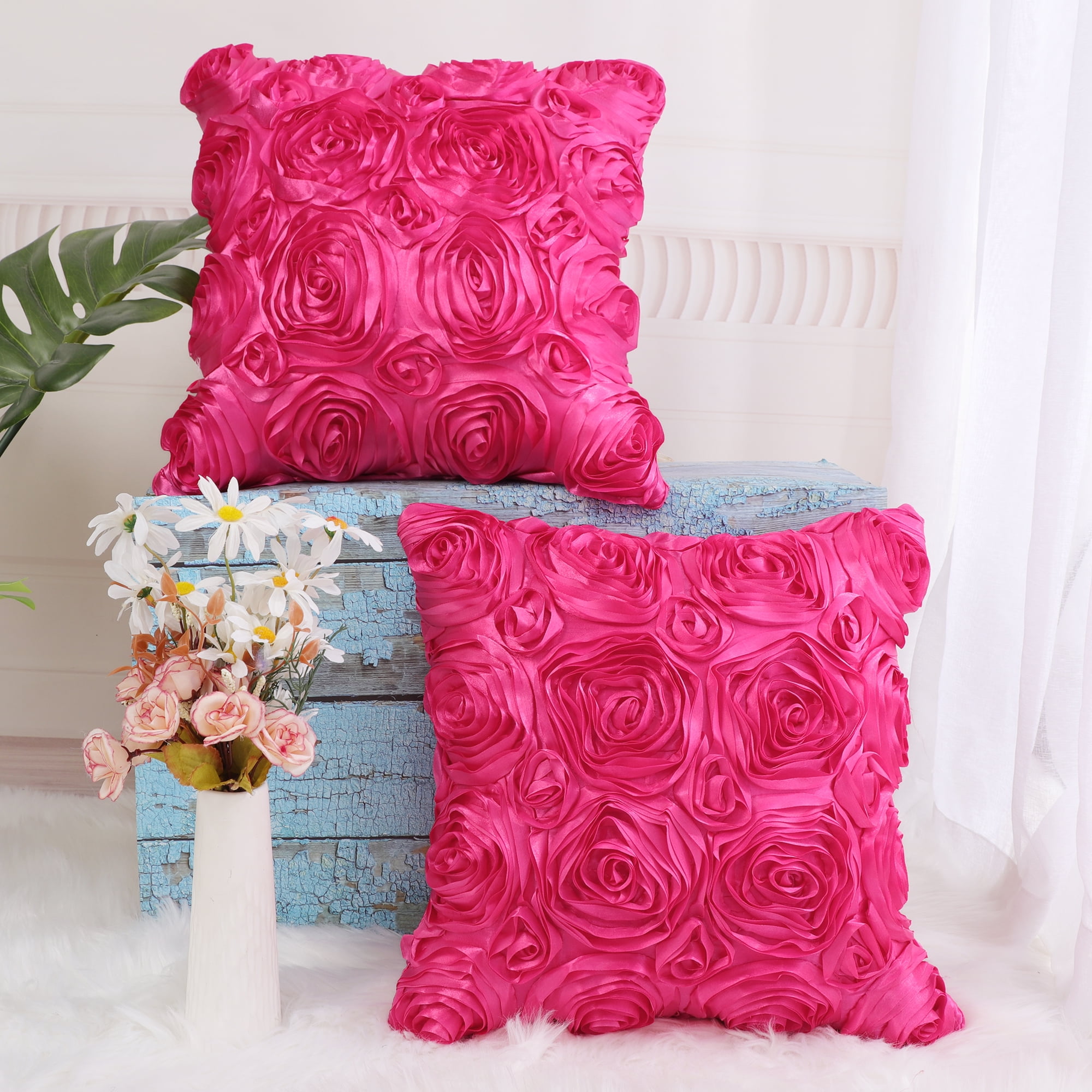 Unique Bargains 2-Pack 3D Flower Decorative Throw Pillow Covers 16" x 16" Fuchsia
