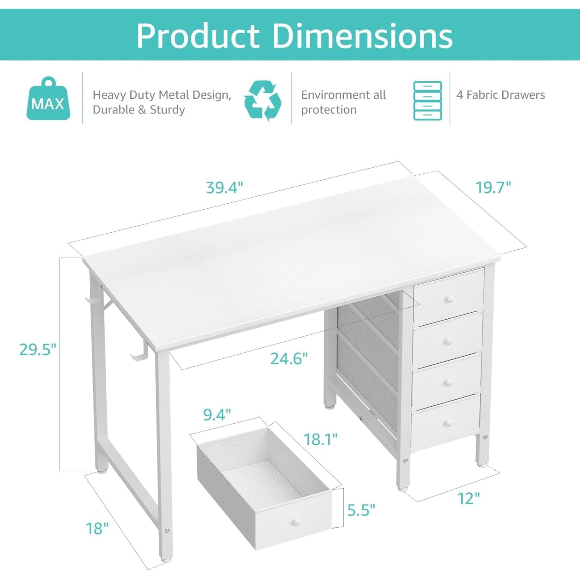 JEZWX 40" White Small Desk with Fabric Drawer for Kids Girls