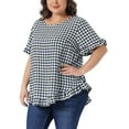 thumbnail image 4 of Agnes Orinda Women's Plus Size 1950s Gingham Tops Back Button Round Neck Ruffle Sleeve Casual Plaid Blouses 3X Navy Blue, 4 of 5