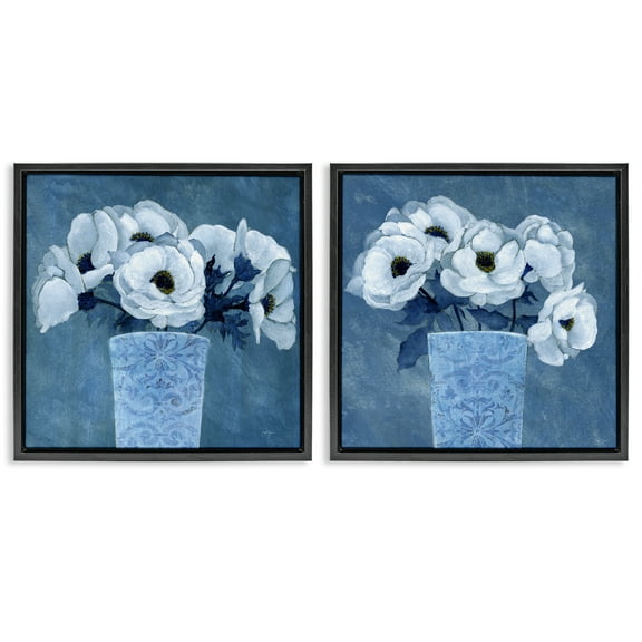 Stupell Industries Magnolia Bouquets on Blue Plants & Flowers Painting Black Floater Framed Canvas Art Print Wall Art, 18 x 18, Set of 2