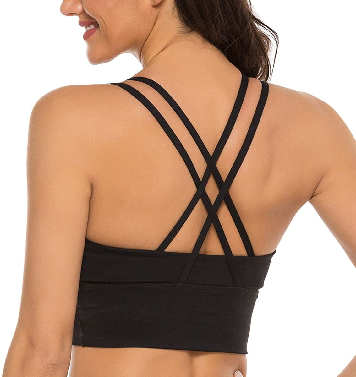 nine bull Womens Strappy Sports Bra Longline Crossback Padded Medium  Support Yoga Bra Top 