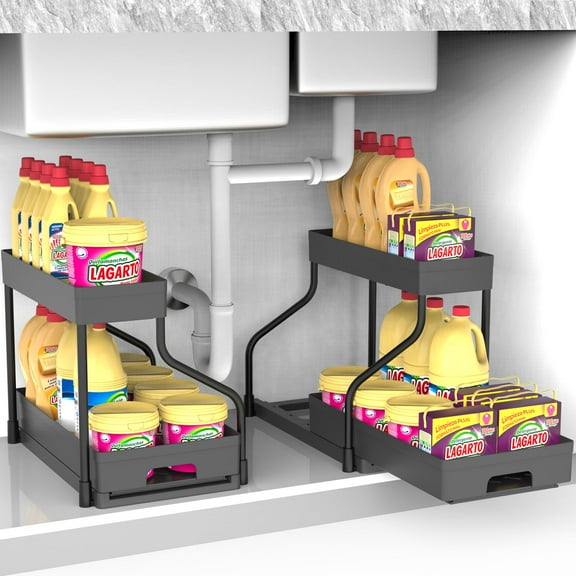 ZALFLEX Under Sink Organizers,2 Pack L-Shape Sliding Under Sink Organizers and Storage, 2-Tier Under Counter Storage Organizer Pull Out Under Sink Storage for Kitchen Bathroom Black