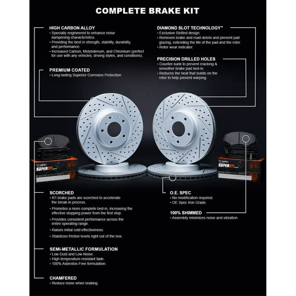 R1 Concepts Drilled and Slotted Carbon Coated Disc Brake Rotor Set with Super Duty Pads WBXN2-99098