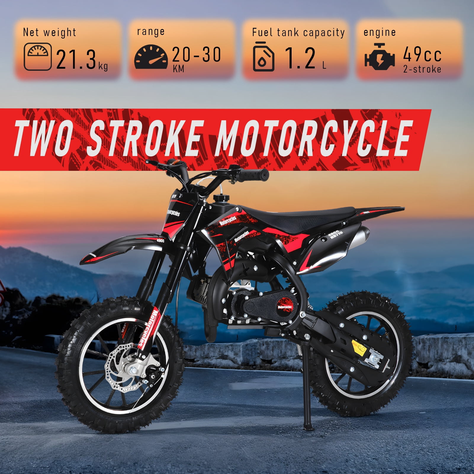 WETS 49cc 2-Stroke Youth Dirt Bike - Gas Powered with Hydraulic Suspension, 10" Off-Road Tires & High-Performance Engine (Red)