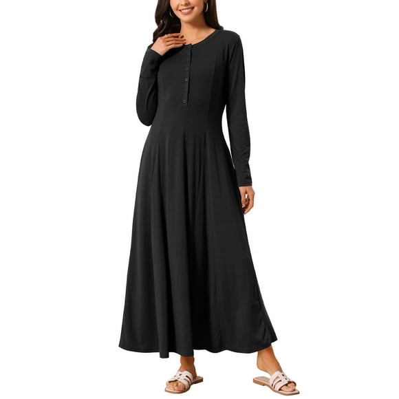 INSPIRE CHIC Women's Fall Long Dresses Button Fit Long Sleeve Flowy A-Line Maxi Dress with Pockets XL Black