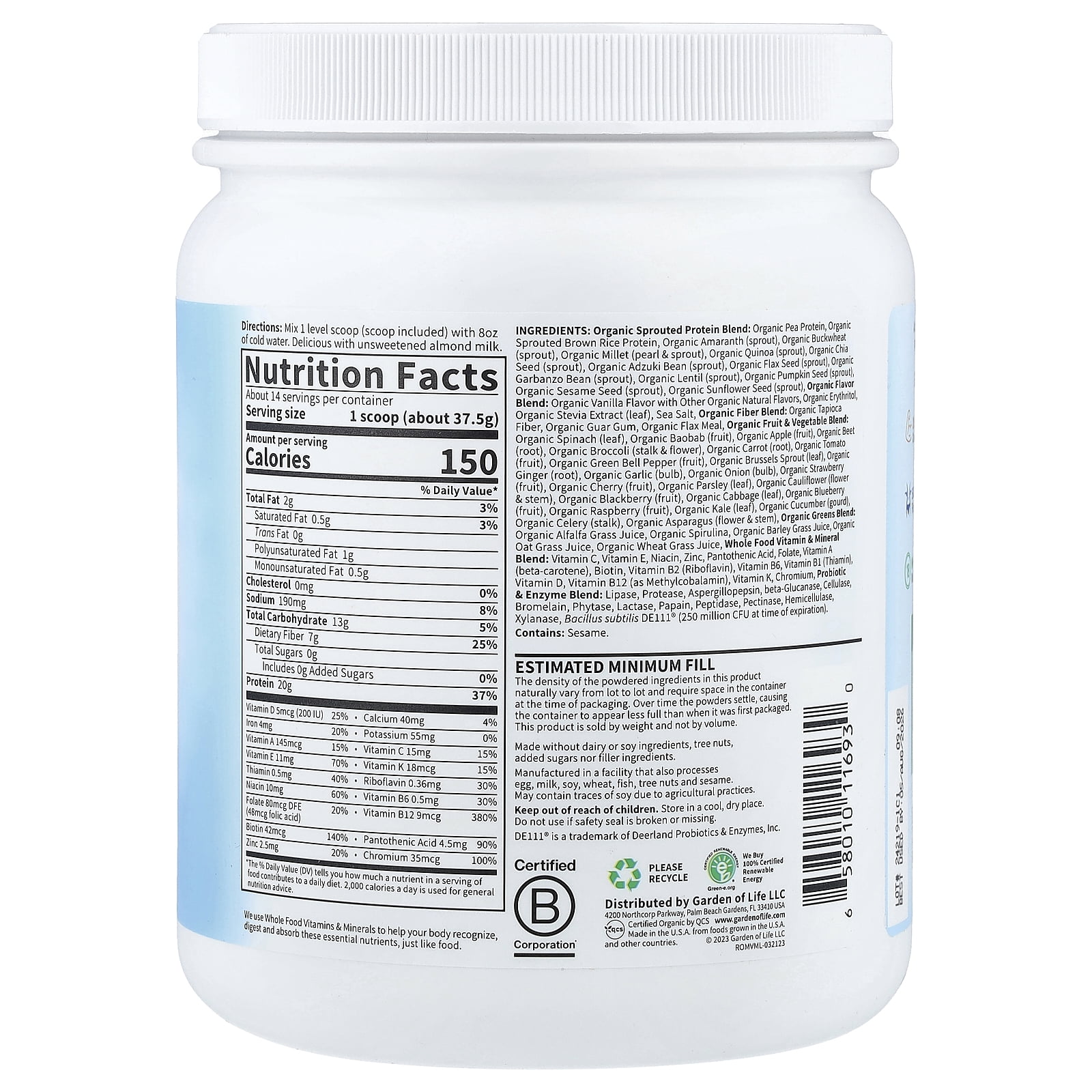 Garden of Life Raw Organic Meal Plant-Based Protein Powder, Vanilla, 14 Servings