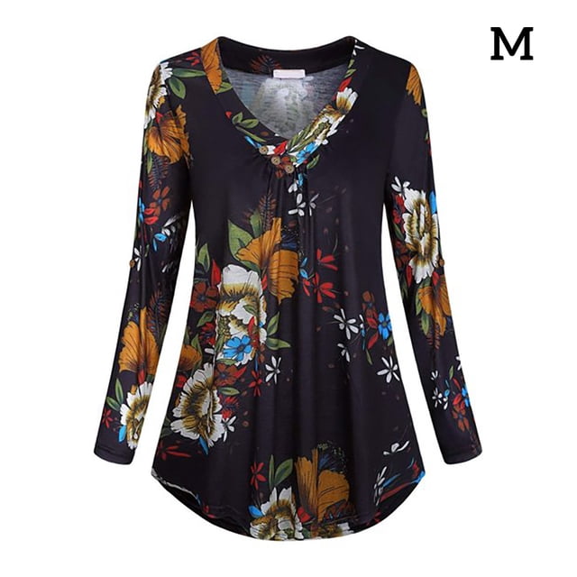 Camisa de manga larga con cuello en V superior para mujer Blusa informal con estampado floral, M, Negro Speravity AP000933-06