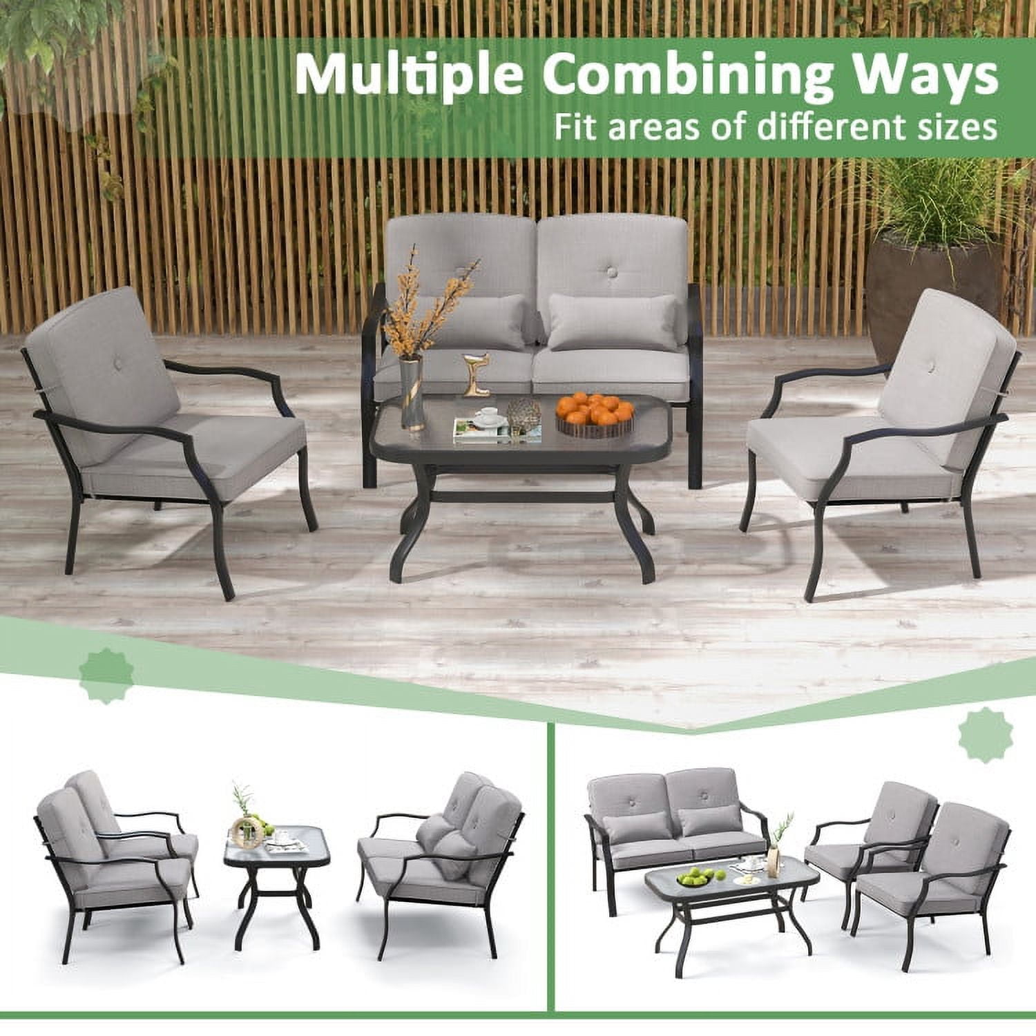 Aimee Lii 4 Pieces Outdoor Conversation Set with Seat Back Cushions and Waist Pillows, Patio Sectional Furniture Set, Gray