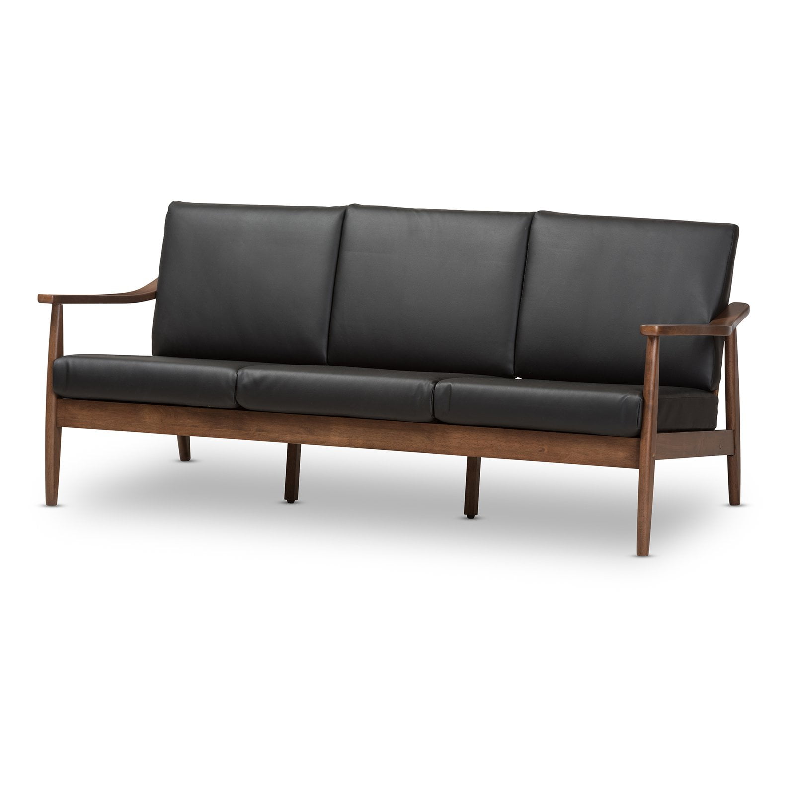 Baxton Studio Venza Mid Century Modern Walnut Wood Black Faux Leather 3 Seater Sofa