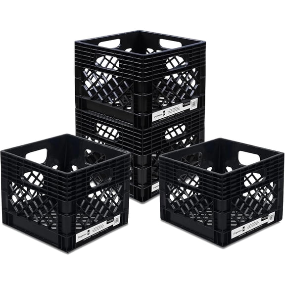 WJSP Milk Crate 13X13X11 inch Black 4 Pack Heavy Duty Storage Box with Handles for Home Office Garage