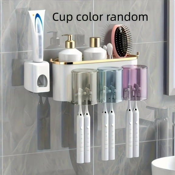 Space Saving Wall Mounted Toothbrush Storage Box - Toothpaste Dispenser With Toothbrush Holder And Mouthwash Cup - Bathroom Accessories