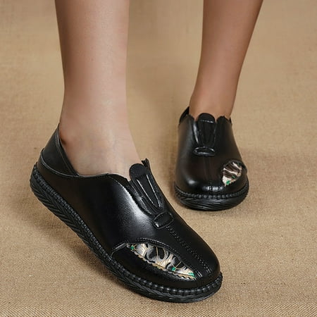 

HIBRO Women s Retro Flower Printed Leather Soft Sole Flat Sleeve Casual Shoes