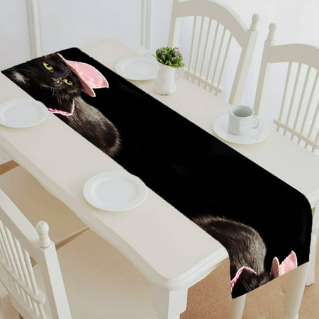 

ECZJNT Glamorous black cat wearing pink hat and beads against black table runner table cloth tea table cloth 16x72 Inch