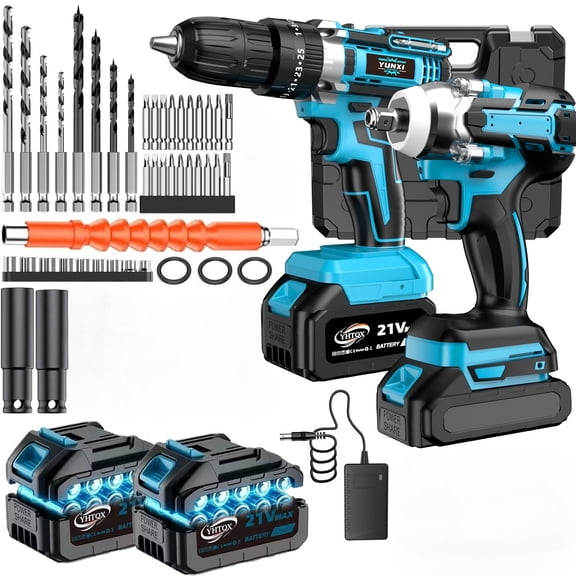 2-Piece Brushless Cordless Power Tool Combo Kit, including impact wrench and impact drill. Comes with batteries and chargers, perfect for concrete drilling, home renovation, household use and DIY pro