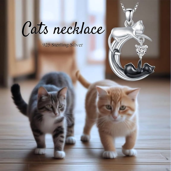 SISGEM White Cat and Black Cat Moon Pendant Necklace Sterling Silver Cat Necklace Jewelry Gift for Women