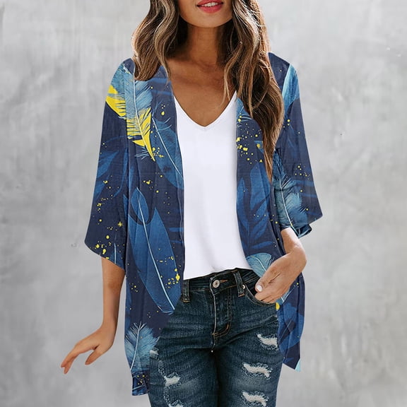 UVEASISHA Women's Lightweight Floral Cardigan 3/4 Sleeve Open Front Sweaters Soft Breathable Summer Everyday Wear Tops Multicolor S