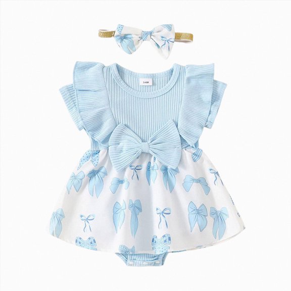 CAICJ98 Baby Girl Summer Clothes Newborn Romper Dress Ruffle Short Sleeve Onesie Jumpsuit Outfits with Bow Headband (Sky Blue,3-6 Months)