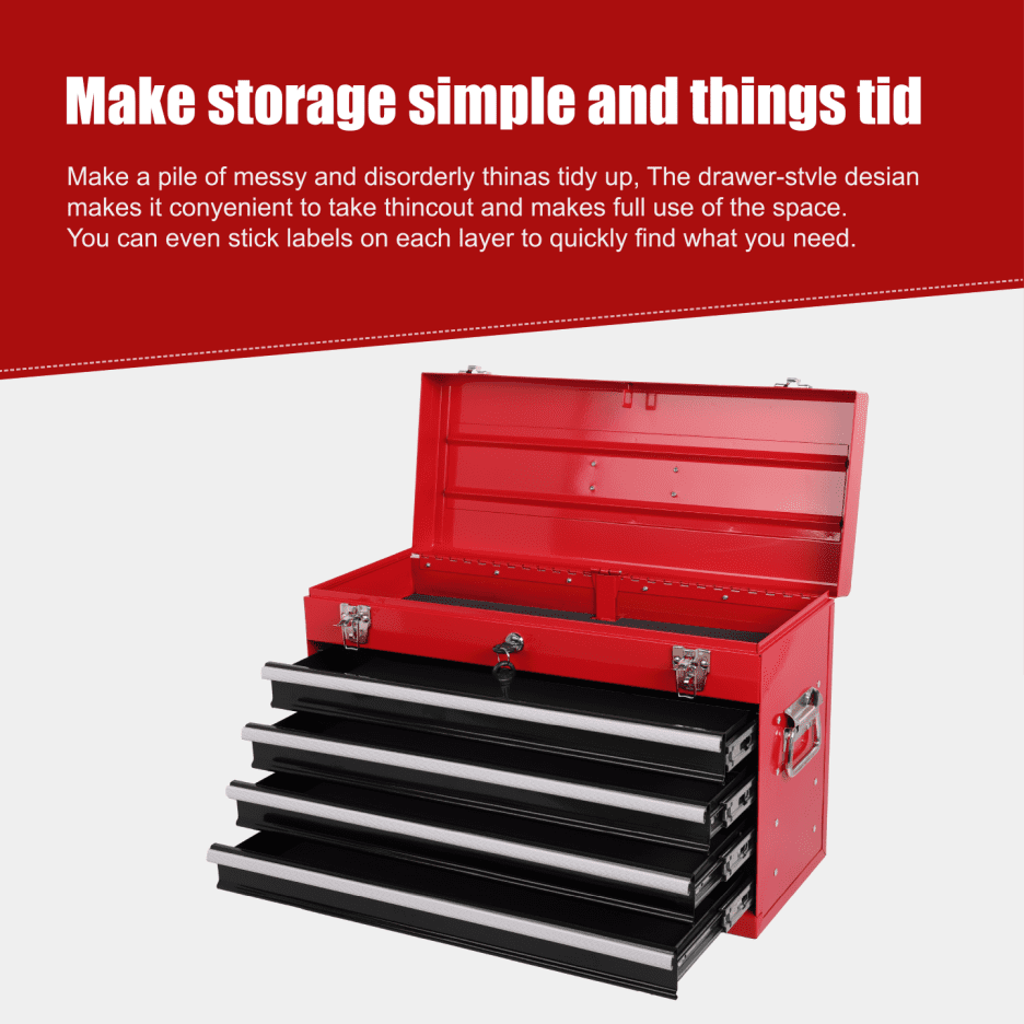 Red Black Metal Tool Box - 23.62 in Length Portable Tool Chest with 4 Drawers and Ball Bearing Slides for Workshop Organizati