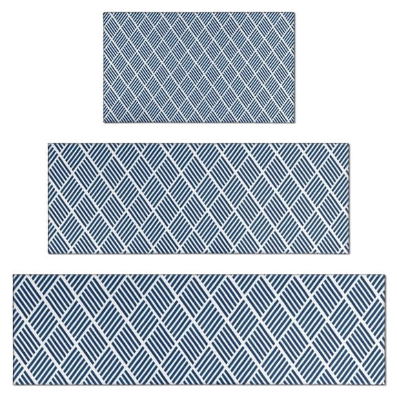Blue Geometric Striped Pattern Kitchen Rugs Sets Of 3,Kitchen Runner Rugs Non Skid Washable,Decorative Kitchen Floor Mats for Kitchen,Sink,Laundry,17"x30" 17"x47" 17"x59"