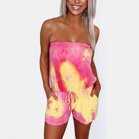 Women's Summer Drawstring Strapless Off-Shoulder Sexy Tie Dye Printed One-Piece Shorts