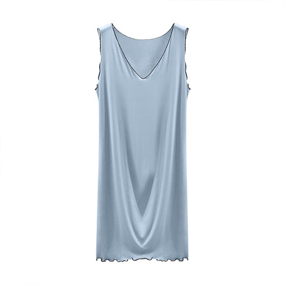 MGDXOX Women's Plus Size Sleeveless V-Neck Nightgown with Contrast Piping Loose Fit Sleep Dress for Loungewear Light Blue M