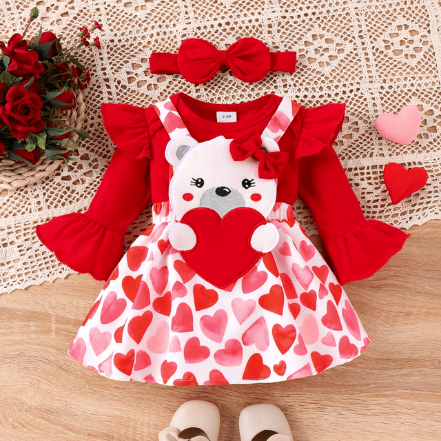 PatPat Ensemble 2 Pcs pour Bébé Fille de la Saint-Valentin, Barboteuse à Volants Style Ourson et Robe Salopette Brodée