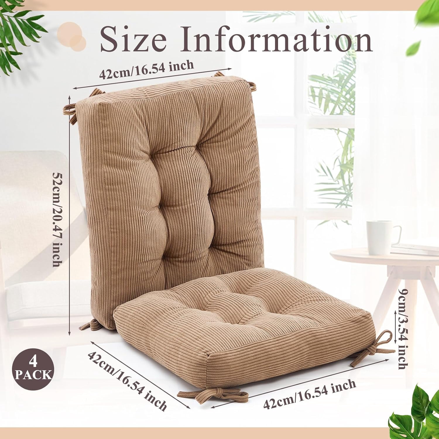4 Set Outdoor Patio Chair Cushions Corduroy Seat High Back Tufted Pillow Replacement Rocking Chair Cushions Patio Chair Pads for Autumn Winter Seasonal Indoor Home Office (Khaki)