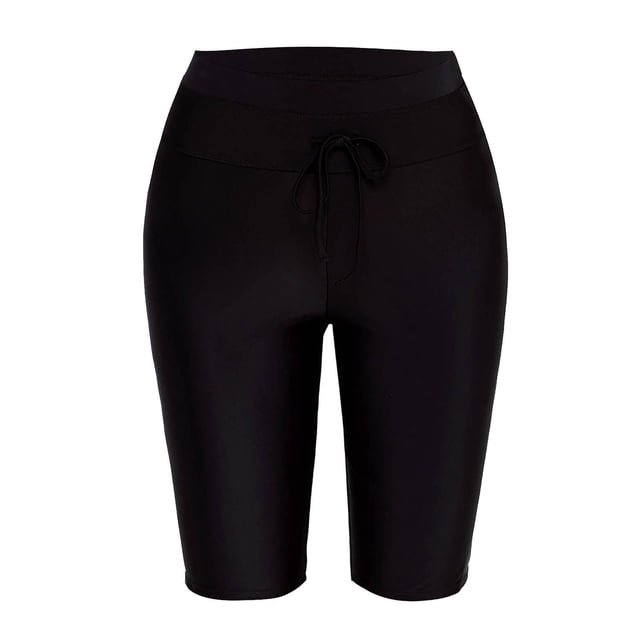 Aayomet Board Shorts for Women Swim Color Casual 5/4 High Waist Drawstring Lace Up Solid Color Swimming Pants Tight (Black, XL)