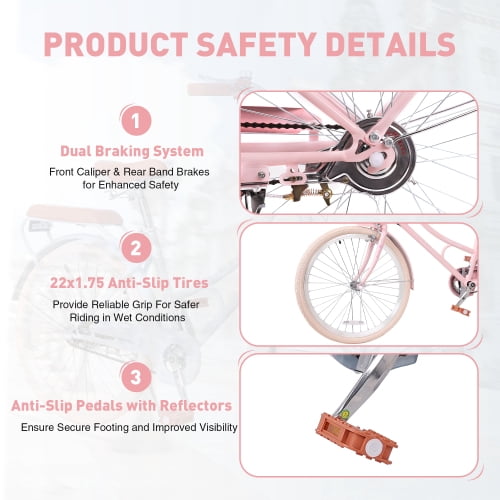RAISTYW 22 Inch Beach Cruiser Bike for Girls, Commuter Bicycle with Front Basket , High Carbon Steel Frame, Comfortable City Bike for Outdoor Riding Pink