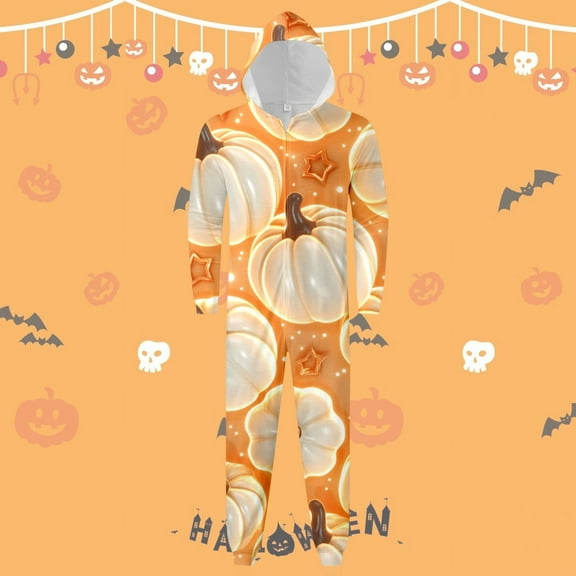 Wuxian Matching Family Halloween Pajamas Hooded Jumpsuits Cute Pumpkin Bat Funny Printed Sleepwear Set Zipper Up Long Sleeve Leisure Fit Cozy Loungewear For Dad,Orange,M
