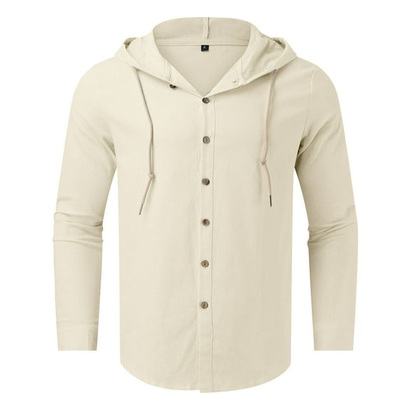 Caqnni Men Cotton Linen Shirts with Hood Casual V Neck Long Sleeve Hooded Sweatshirts Summer Button Hawaiian Shirt (Beige,M)