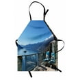 thumbnail image 1 of Travel Apron Long Seats in Terrace with Lake Sea View Summer Holiday Theme Art Print, Unisex Kitchen Bib Apron with Adjustable Neck for Cooking Baking Gardening, Blue White and Green, by Ambesonne, 1 of 3