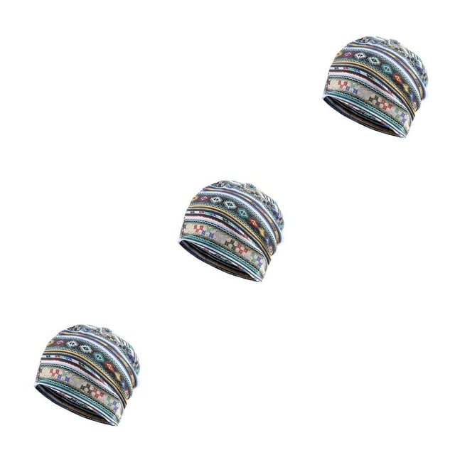 Tuque Style Bohème Hijab Imprimé Floral Turban Protection des Oreilles Bonnet Rayé Bleu Ensemble de 3
