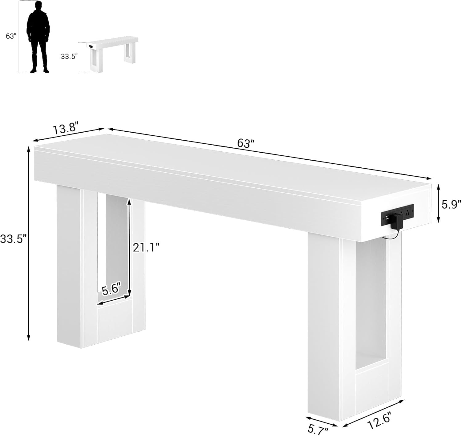 Homieasy 63'' Farmhouse Console Table with Power Outlets and Sensor Light, Wooden Entryway Table Narrow End Table with Storage for Entrance, Hallway, Living Room, Bedroom, White