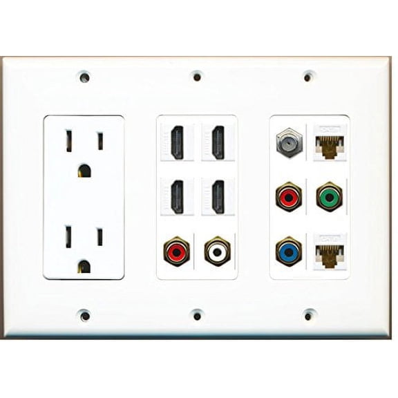 RiteAV (3 Gang 15A Outlet 4 HDMI Coax 2 Cat6 White Component Video Wall Plate White