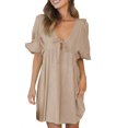 thumbnail image 1 of Gibobby Vestido Causal para Mujer de Verano Vestido de moda de ocio suelto con cuello en V y frenillo de manga media hinchada de verano para mujer(Caqui,CH), 1 of 5