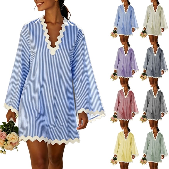 YOIAVAIOY M Women's Boho Striped V-Neck Dress Flowy Bell Sleeves Cover Up with Wavy Trim Beach Resort Kaftan Style Bride of Party Black