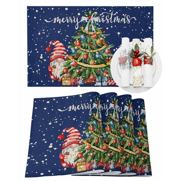 Merry Christmas Placemats Set of 1 Blue Red Gnome Tree Snow Heat Insulation Washable Place Mats, Rustic Non-Slip Table Mats for Dining Table Party Kitchen Decor,13x19 Inch