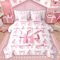 Homewish Personalized Initial K 7-Piece Twin Bedding Sets For Teens Boys Girls,Merry Christmas Tree Bedding Comforter Set,Cute Ribbon Bow Breathable Sheet Sets,Microfiber Bedroom Decor,Reversible
