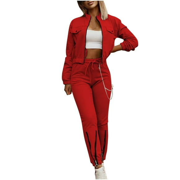 Office Outfits Set 2024 Fashion Women's Casual Solid Color Long Sleeve Elastic Waist Zipper Pockets Long Sleeve Blouses Sets Workout Outfits for Women S-174 Red-a S
