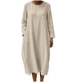 thumbnail image 5 of Dpjklzsn Women's Cotton Linen Blend Round Neck Maxi Dress with Long Sleeves, Side Pockets and Relaxed Fit, 5 of 8