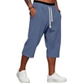thumbnail image 2 of Men's Pants Elastic Waist Drawstring 3/4 Length Solid Textured Knit Loose Soft Breathable Summer Bottoms for Gym Workout Weekend Outings and Active Days Navy XL, 2 of 9